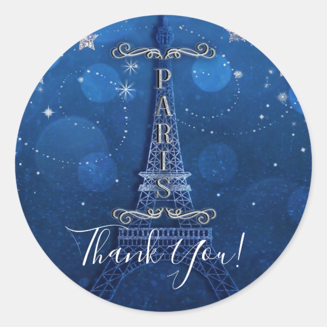 Night In Paris Under the Stars Blue Silver Party Classic Round Sticker (Front)