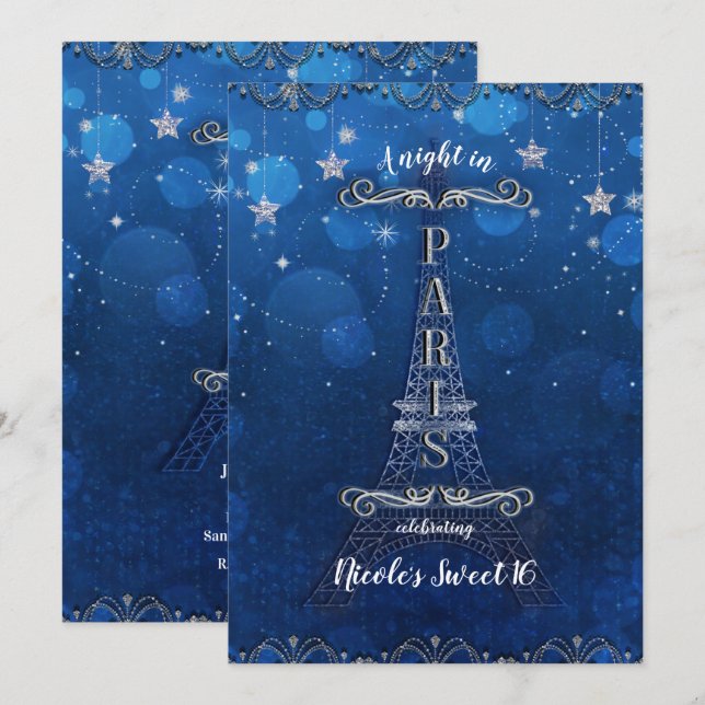 Night In Paris Under the Stars Blue Silver Party Invitation (Front/Back)