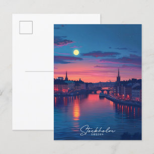 Night in Stockholm City Sweden Vintage Travel  Postcard