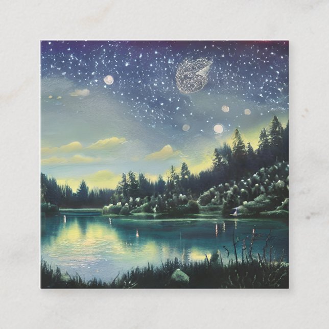 Night Lake Graphic Square Business Card (Front)
