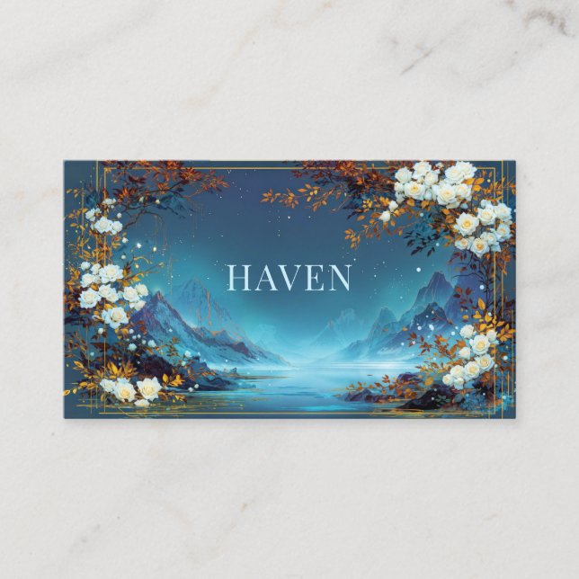 Night Landscape White Rose and Gold Mountain Frame Business Card (Front)