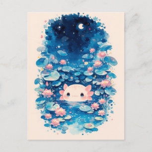 Night Lily Watercolor Pink Axolotl Illustration Postcard