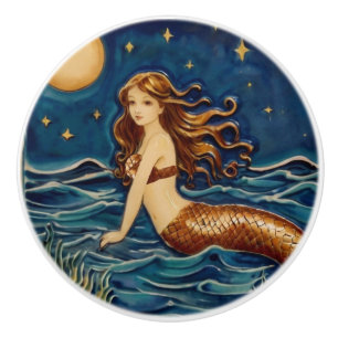 Night Mermaid Sea Ocean Fairytale Dark Blue Navy Ceramic Knob