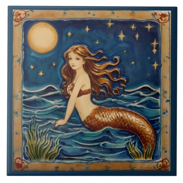 Night Mermaid Sea Ocean Fairytale Dark Blue Navy Tile (Front)