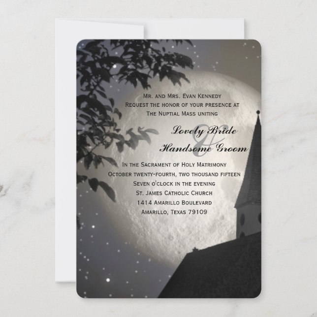 Night Moon Country Church Catholic Wedding Invitation (Front)