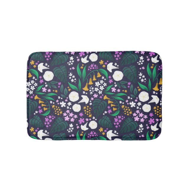 Night Moon Garden Floral Botanical Pattern Bath Mat (Front)