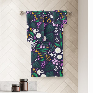 Night Moon Garden Floral Botanical Pattern Bath Towel Set