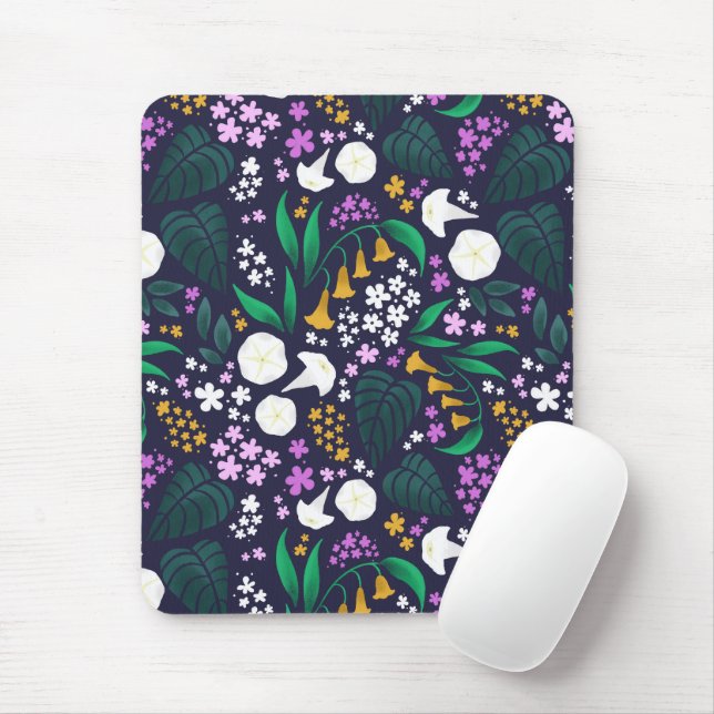 Night Moon Garden Floral Botanical Pattern Mouse Mat (With Mouse)