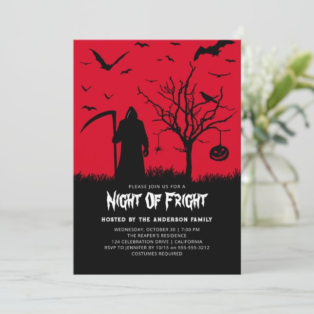 Night of Fright Adult Halloween Party Eerie Reaper Invitation (Standing Front)