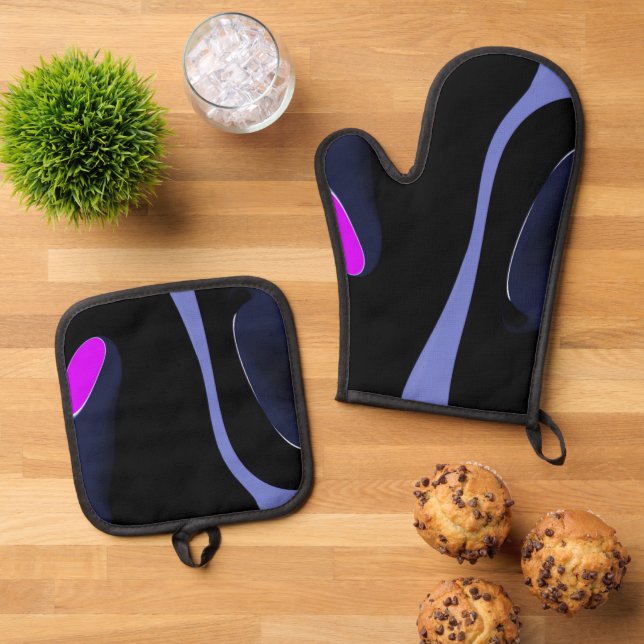 Night of the Comet: Abstract Blue, Purple & Black Oven Mitt & Pot Holder Set (Top Down)