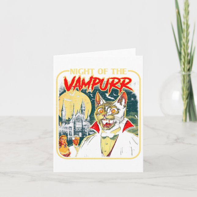 Night Of The Vampurr Funny Cat Halloween  Card (Front)