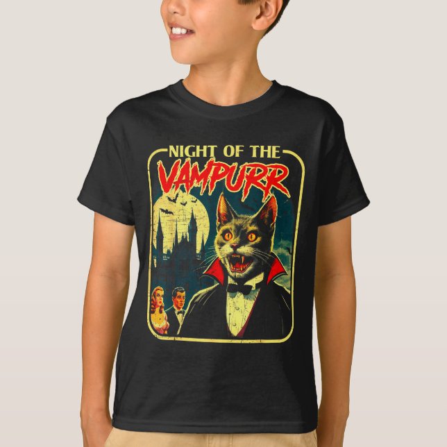 Night Of The Vampurr Funny Cat Halloween  T-Shirt (Front)