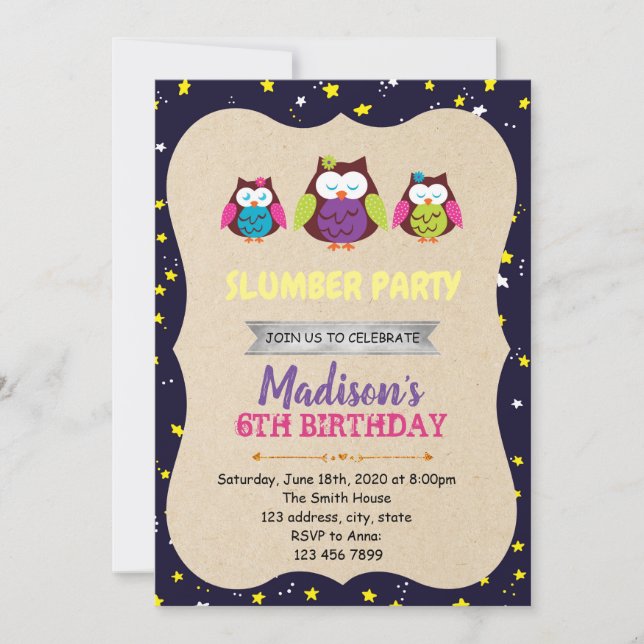 Night owl birthday party invitation (Front)