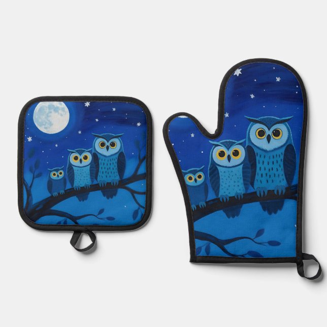 Night Owl Family Moonlit Sky Oven Mitt & Pot Holder Set (Front)
