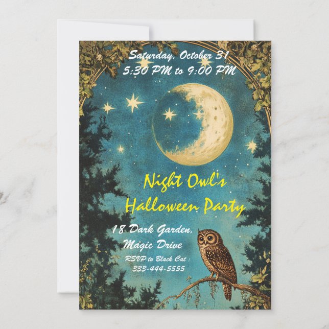 NIGHT OWL FULL MOON HALLOWEEN PARTY  INVITATION (Back)