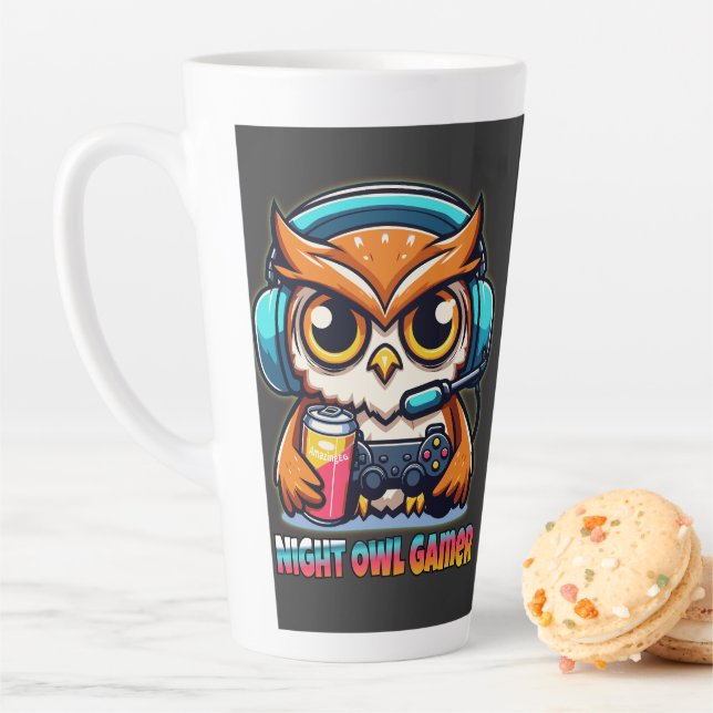 Night Owl Gamer Mascot Fun Gaming Illustration Latte Mug (In Situ)