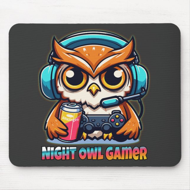 Night Owl Gamer Mascot Fun Gaming Illustration Mouse Mat (Front)