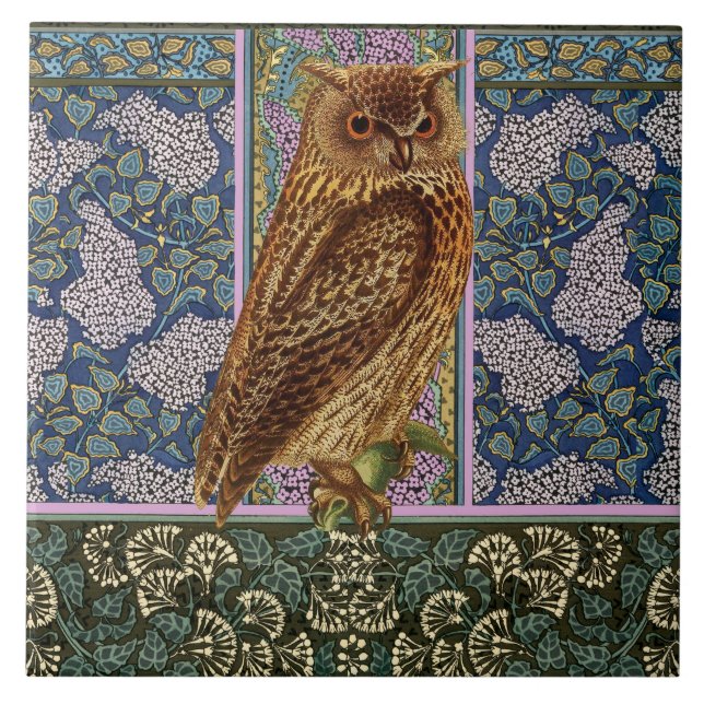 NIGHT OWL,LILACS AND LEAVES Art Nouveau Floral Tile (Front)