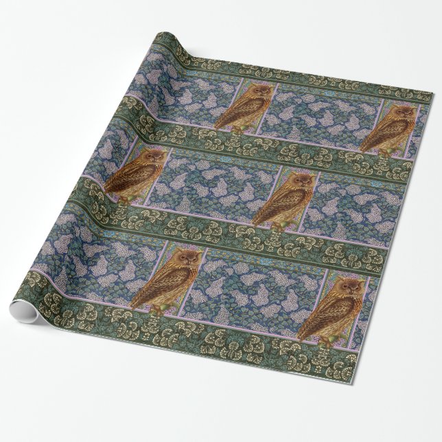 NIGHT OWL,LILACS AND LEAVES Art Nouveau Floral Wrapping Paper (Unrolled)