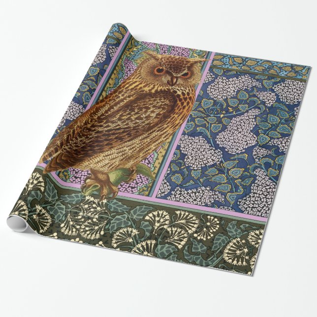 NIGHT OWL,LILACS AND LEAVES Art Nouveau Floral Wrapping Paper (Unrolled)