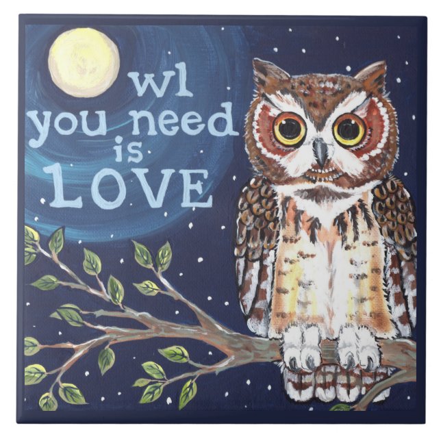 Night "Owl Love" Cute Humourous Owl Designer Tile (Front)