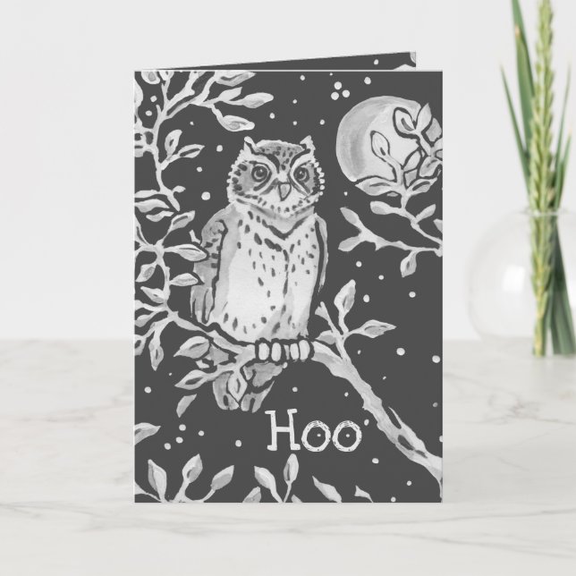 Night Owl & Moon Halloween Black & White Humourous Card (Front)