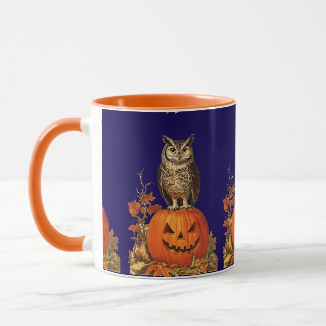 NIGHT OWL ON HALLOWEEN PUMPKIN AND AUTUMN LEAVES MUG (Left)
