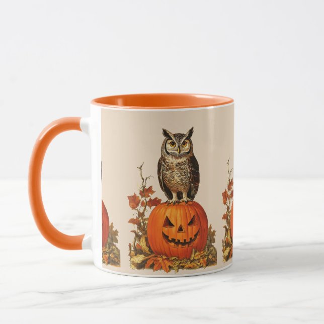 NIGHT OWL ON HALLOWEEN PUMPKIN AND AUTUMN LEAVES MUG (Left)