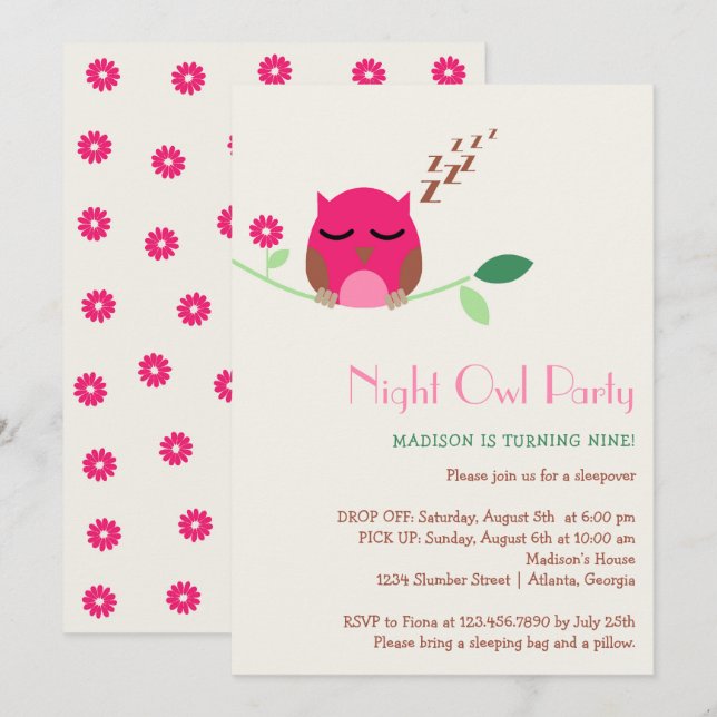 Night Owl Slumber Birthday Party Invitation (Front/Back)