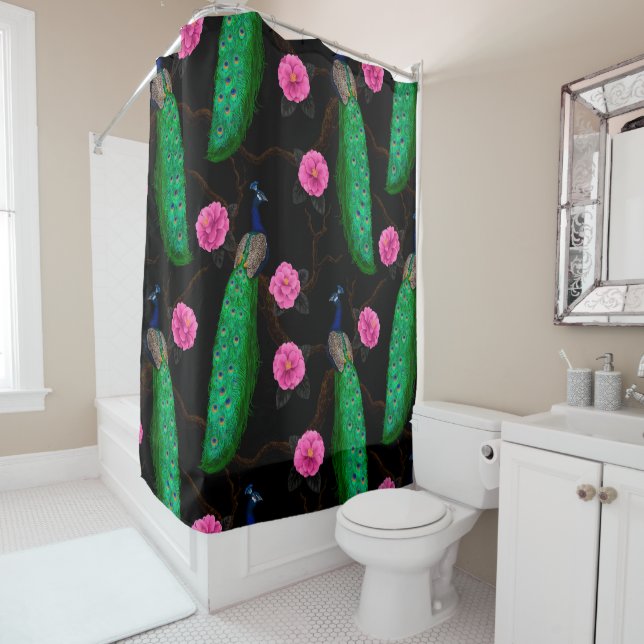Night peacock garden shower curtain (In Situ)