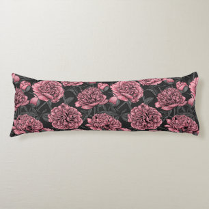 Night peony garden in pink and grey body cushion