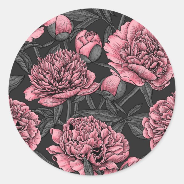 Night peony garden in pink and grey classic round sticker (Front)