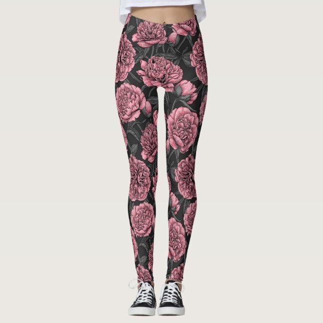 Night peony garden in pink and grey leggings (Front)