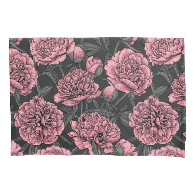 Night peony garden in pink and grey pillowcase (Front)