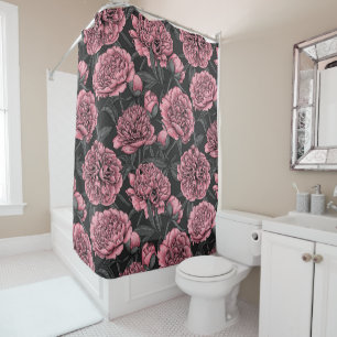 Night peony garden in pink and grey shower curtain