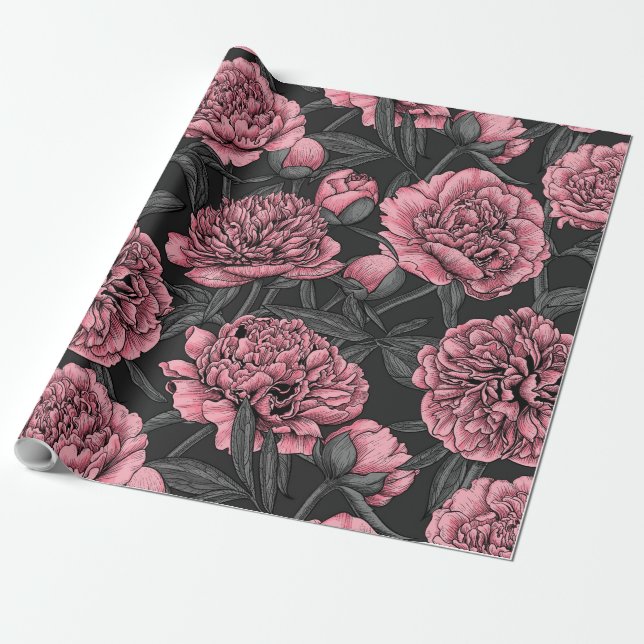 Night peony garden in pink and grey wrapping paper (Unrolled)
