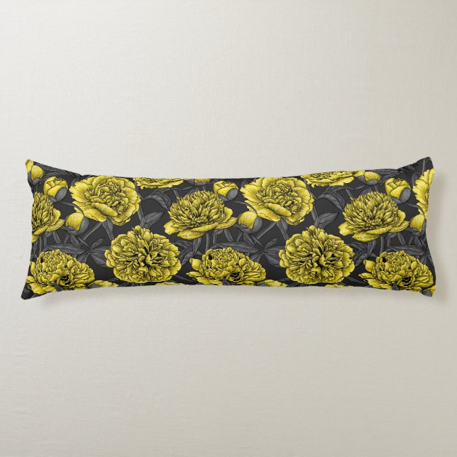 Night peony garden in yellow and grey body cushion (Front)