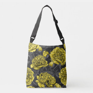 Night peony garden in yellow and grey crossbody bag