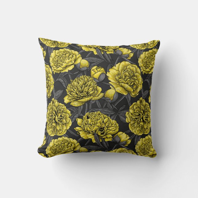 Night peony garden in yellow and grey cushion (Front)