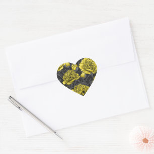 Night peony garden in yellow and grey heart sticker