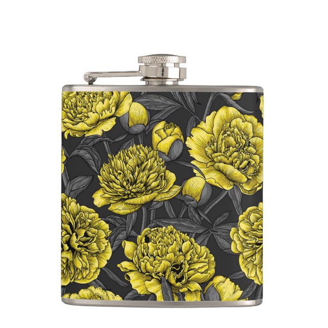 Night peony garden in yellow and grey hip flask (Front)