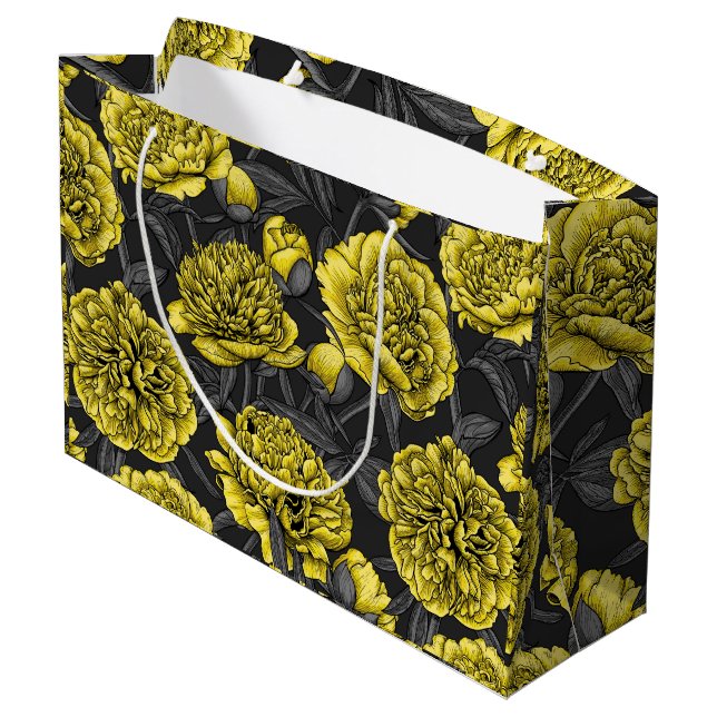 Night peony garden in yellow and grey large gift bag (Back Angled)