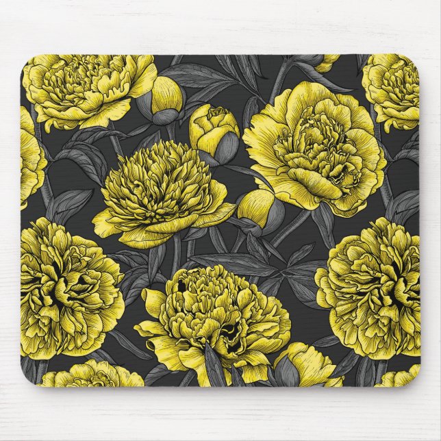 Night peony garden in yellow and grey mouse mat (Front)