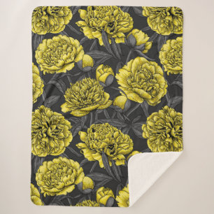 Night peony garden in yellow and grey sherpa blanket