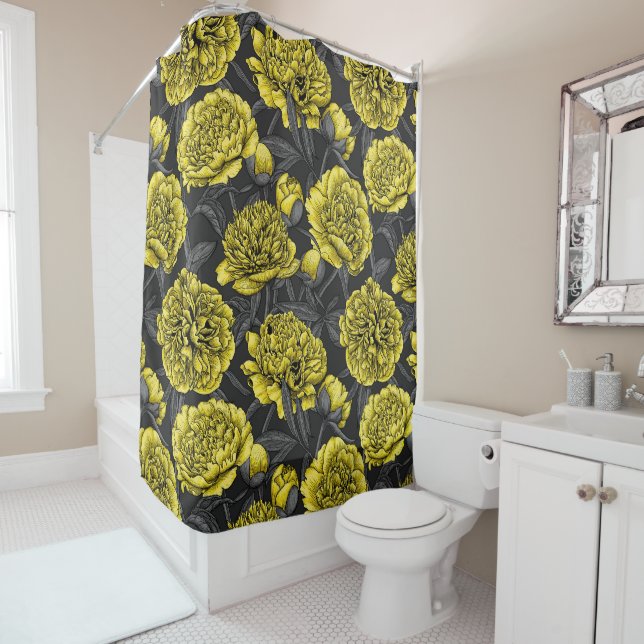 Night peony garden in yellow and grey shower curtain (In Situ)