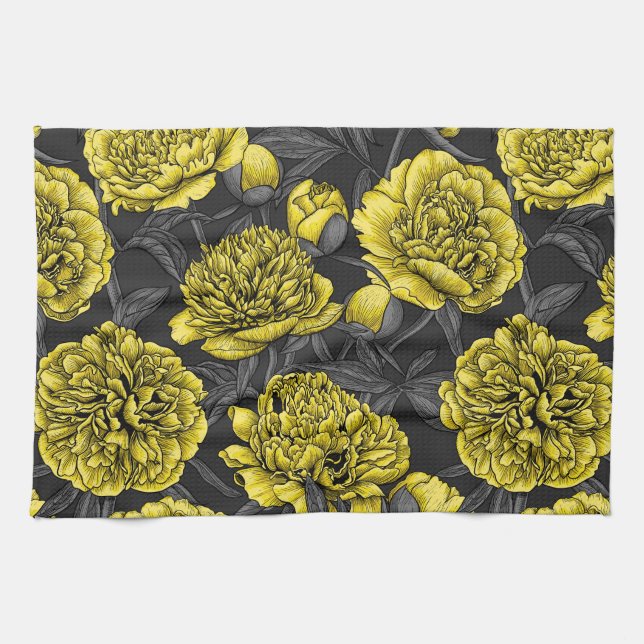 Night peony garden in yellow and grey tea towel (Horizontal)
