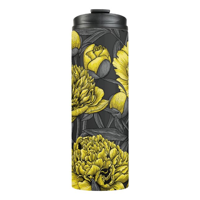Night peony garden in yellow and grey thermal tumbler (Front)