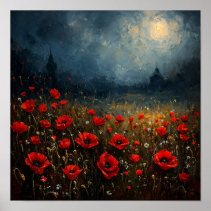 Night poppy field poster