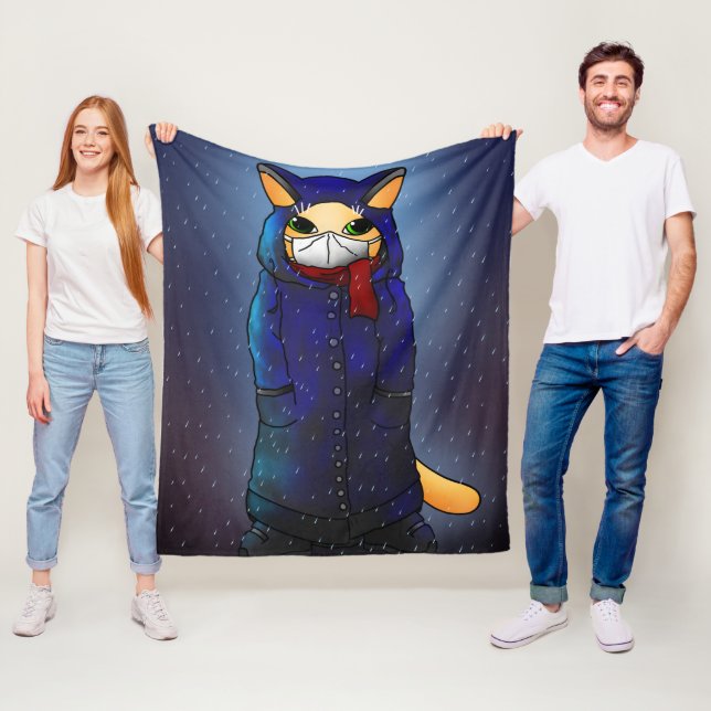Night Rain Face Mask Cat  Fleece Blanket (In Situ)