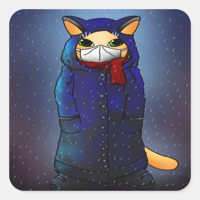 Night Rain Face Mask Cat Square Sticker (Front)
